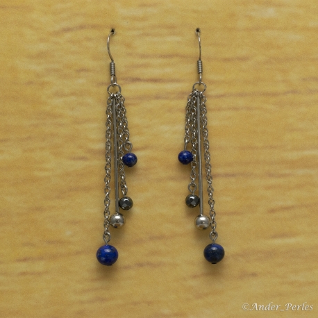 Boucles Oreilles Triple Chaînes Lapis-Lazuli & Hématite