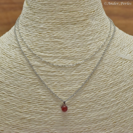 Collier Double Chaîne en Inox Agate Rouge