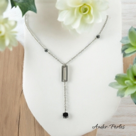 Collier chaine et breloque ajourée inox pierres d'Hématite