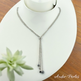 Collier double chaines et anneau coulissant en inox avec pierres d'Hématite