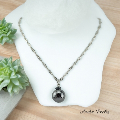 Collier chaine en inox avec une pierre d'Hématite de 14 MM