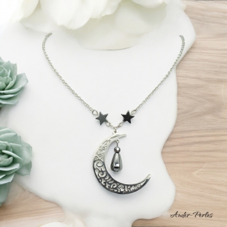 Collier chaine  et Demi-Lune en inox orné de pierres d'hématite