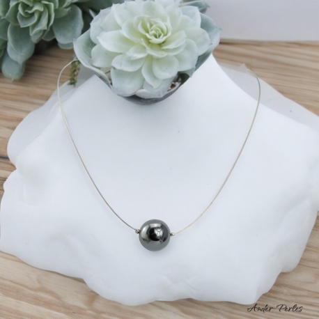 Collier Fil Inox Pierre d'Hématite grosse Pierre ronde