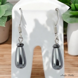 Boucles oreilles avec une grande pierre d'hématite en forme de goutte ornées d'une rondelle