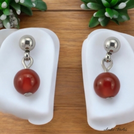 Boucles Oreilles puce en inox ornées d'une pierre d'Agate Rouge