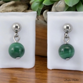 Boucles Oreilles puce en inox ornées d'une pierre de Malachite