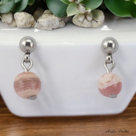 Boucles Oreilles puce en inox ornées d'une pierre de Rhodochrosite