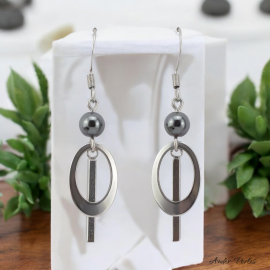 Boucles Oreilles pendant et anneau en losange pierre Hématite