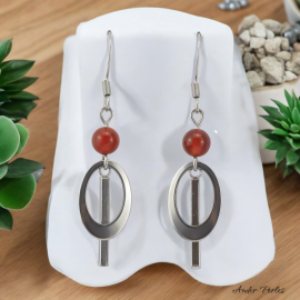 Boucles Oreilles pendant et anneau en losange pierre d'Agate Rouge