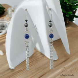 Boucles Oreilles triple chaines ornées de pierre d'Hématite et Lapis-Lazuli