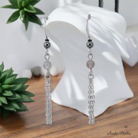 Boucles Oreilles triple chaines ornées de pierre d'Hématite et Labradorite