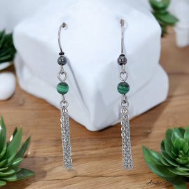 Boucles Oreilles triple chaines ornées de pierre d'Hématite et Malachite