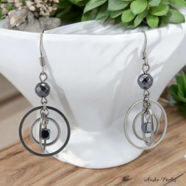 Boucles Oreilles Triple Anneaux en inox ornées de pierres d'Hématite