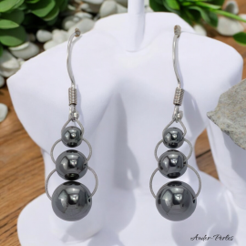 Boucles oreilles en fil inox avec triple pierres d'Hématite