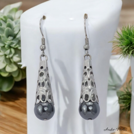 Boucles Oreilles tout inox ornées d'une pierre d'hématite et surmontée d'une cage inox