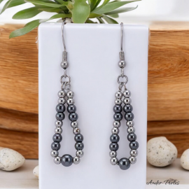 Boucles Oreilles fil tout inox ornées de pierres d'hématite et de billes inox