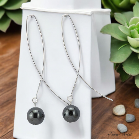 Boucles oreilles avec crochet intégral étroit en argent 925 ornées d'une pierre d'Hématite