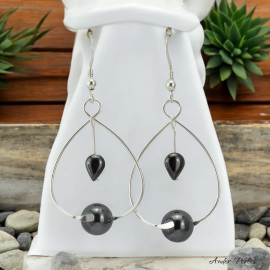 Boucles oreilles forme de cœur en argent 925 ornées de pierres d'Hématite