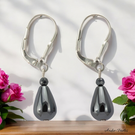 Boucles oreilles dormeuses en argent 925 ornées de pierres d'Hématite