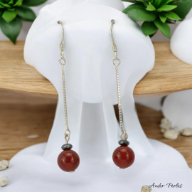 Boucles oreilles chaine en argent 925 ornées d'une pierre d'Agate Rouge